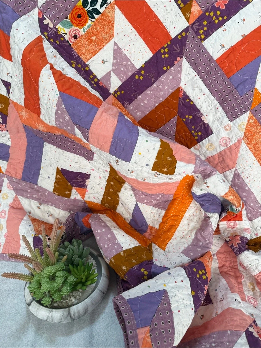 Handmade Patchwork Quilt in Purple, Orange, Pink, White